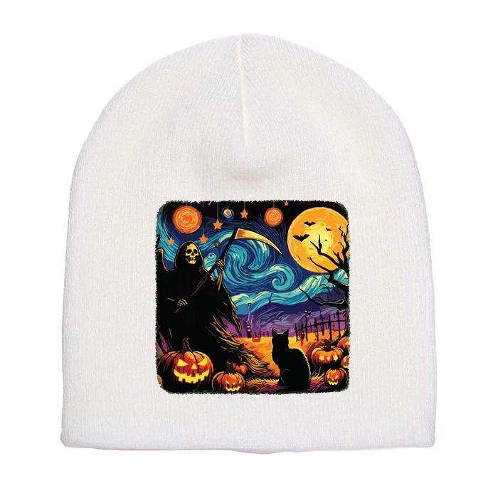 Halloween Van Gogh Starry Night Grim Reaper Pumpkins Cats Short Acrylic Beanie