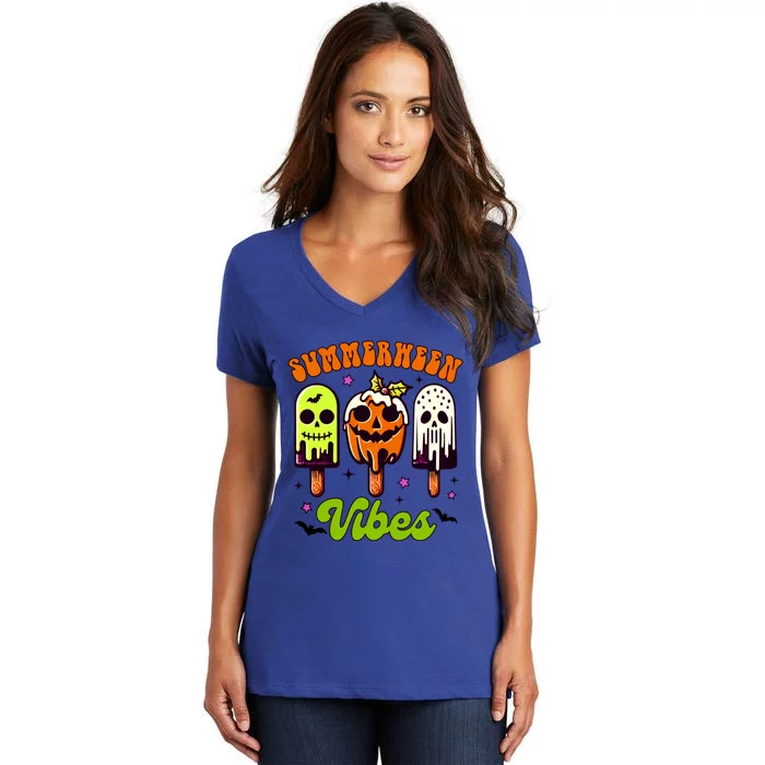 Halloween Vibes Ice Cream Spooky Mama Summerween Vibes Gift Women's V-Neck T-Shirt