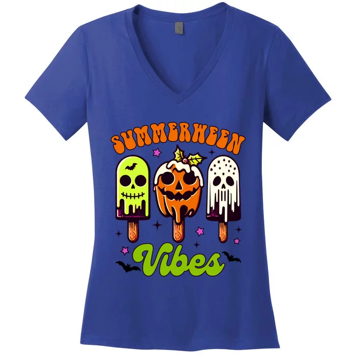 Halloween Vibes Ice Cream Spooky Mama Summerween Vibes Gift Women's V-Neck T-Shirt