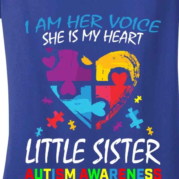 Her Voice My Heart Little Sister Autism Awareness Sibling Cool Gift Women's V-Neck T-Shirt