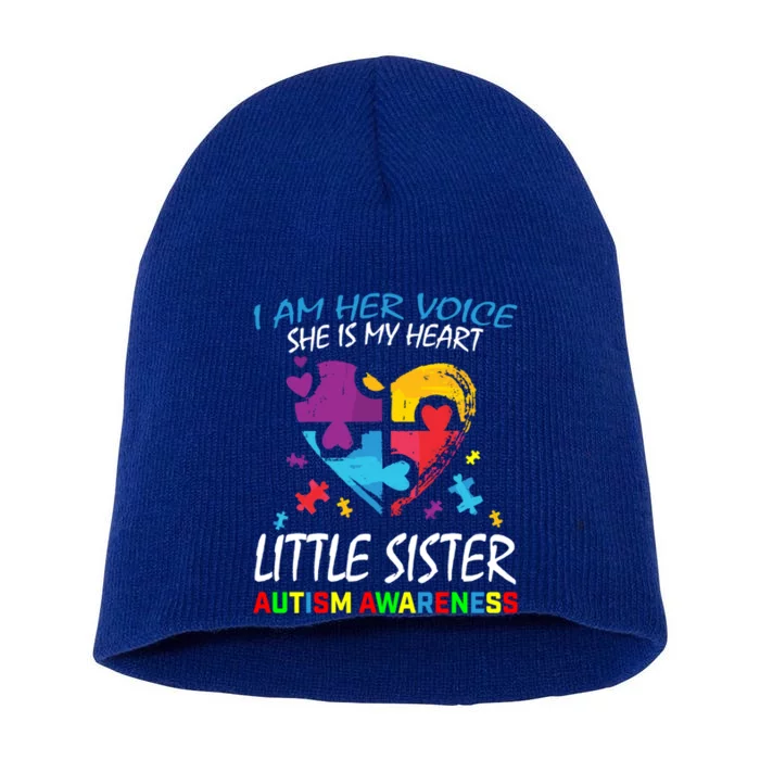 Her Voice My Heart Little Sister Autism Awareness Sibling Cool Gift Short Acrylic Beanie