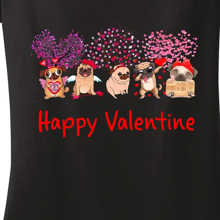 Happy Valentine Pug Dog Pug Dog Heart Tree Lover Pug Women's V-Neck T-Shirt