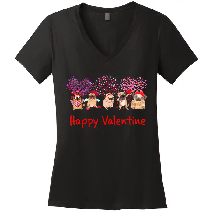 Happy Valentine Pug Dog Pug Dog Heart Tree Lover Pug Women's V-Neck T-Shirt