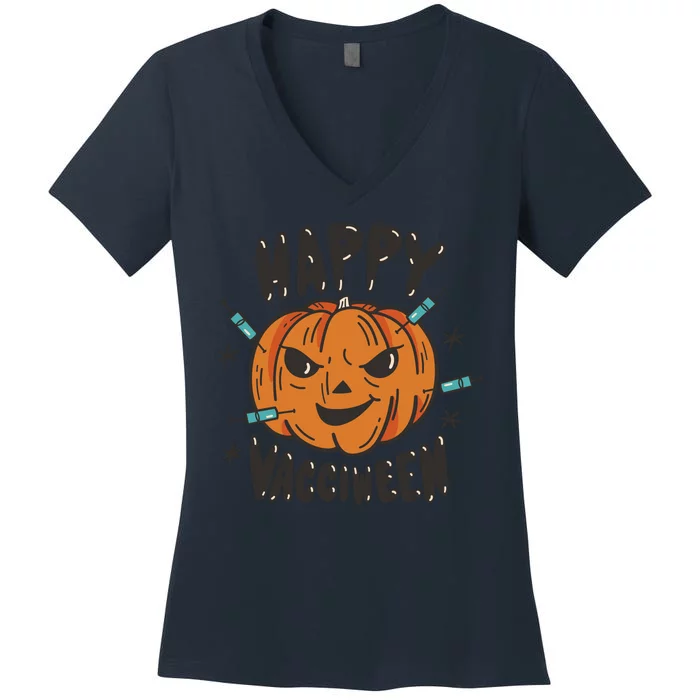 Happy Vacciween Pumpkin Women's V-Neck T-Shirt