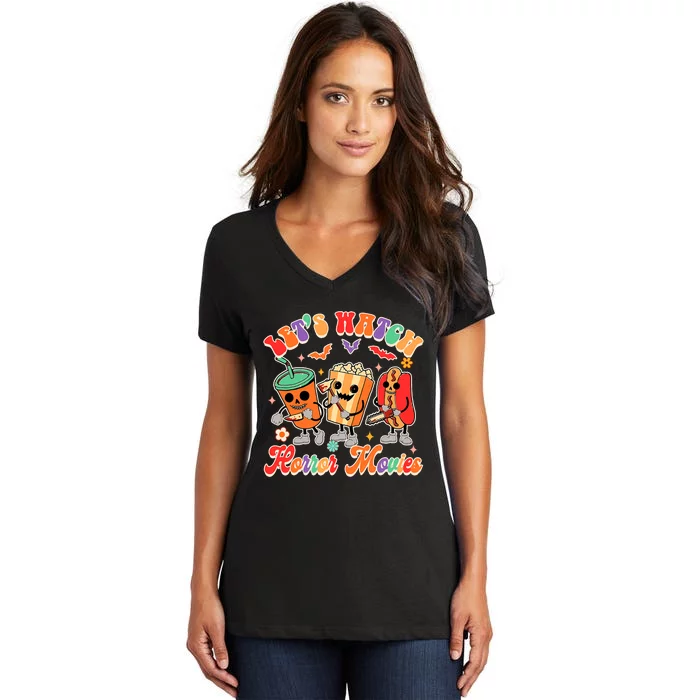 Halloween Vibes Spooky Vibes Funny Lets Watch Horror Movies Women's V-Neck T-Shirt