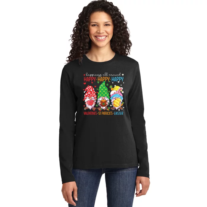 Happy Valentines St Patrick Easter Happy Holiday Gnome Funny Ladies Long Sleeve Shirt