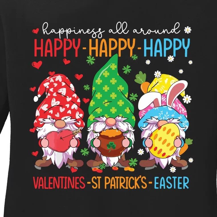 Happy Valentines St Patrick Easter Happy Holiday Gnome Funny Ladies Long Sleeve Shirt