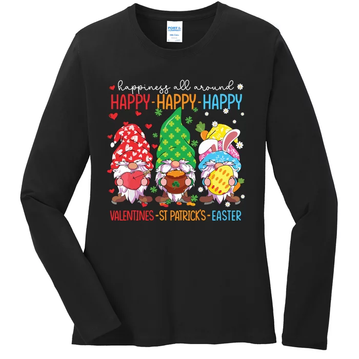 Happy Valentines St Patrick Easter Happy Holiday Gnome Funny Ladies Long Sleeve Shirt