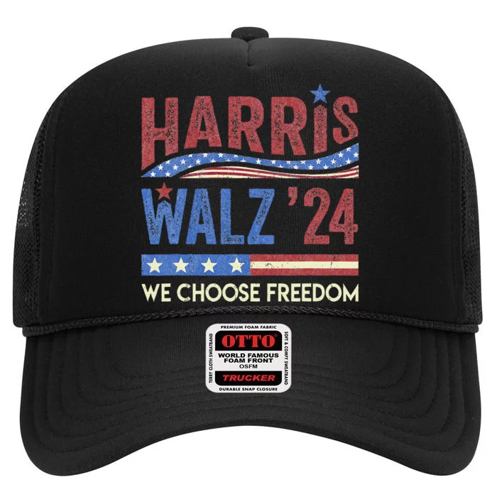 Harris Walz 2024 We Choose Freedom Us Flag Vintage High Crown Mesh Trucker Hat