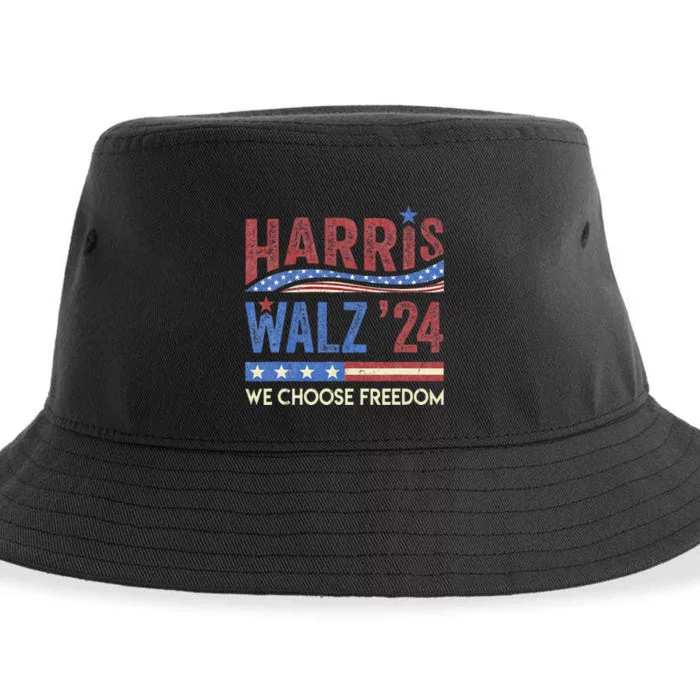 Harris Walz 2024 We Choose Freedom Us Flag Vintage Sustainable Bucket Hat