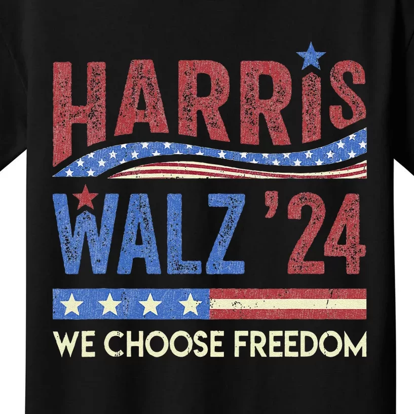 Harris Walz 2024 We Choose Freedom Us Flag Vintage Kids T-Shirt