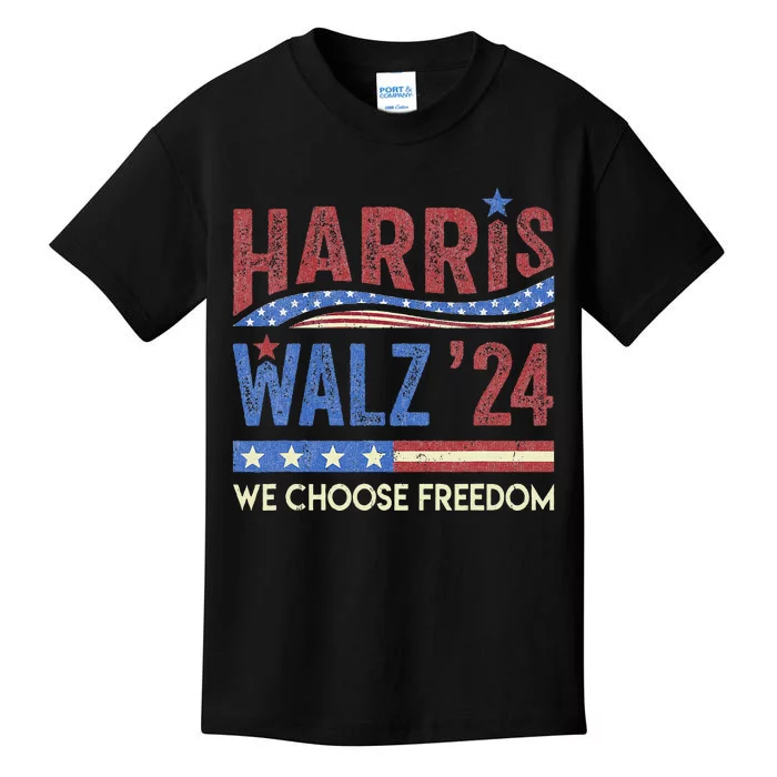 Harris Walz 2024 We Choose Freedom Us Flag Vintage Kids T-Shirt