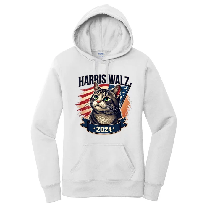 Harris Walz 2024 Funny Cat Kamala Harris Tim Walz Waltz Women's Pullover Hoodie