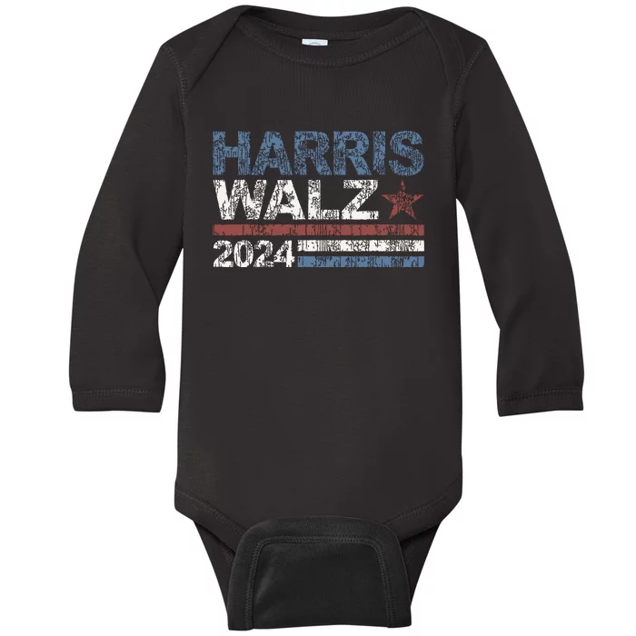 Harris Walz 2024 President Election Vintage Retro Stripe Baby Long Sleeve Bodysuit