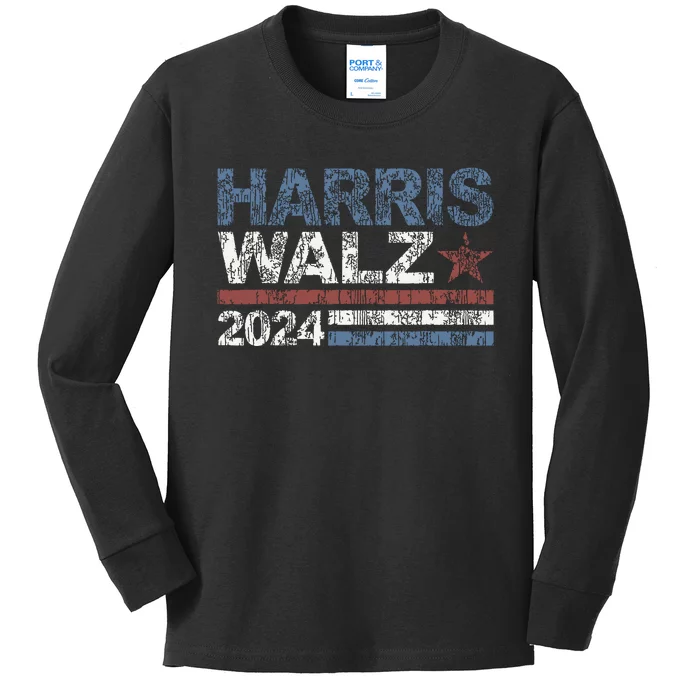 Harris Walz 2024 President Election Vintage Retro Stripe Kids Long Sleeve Shirt