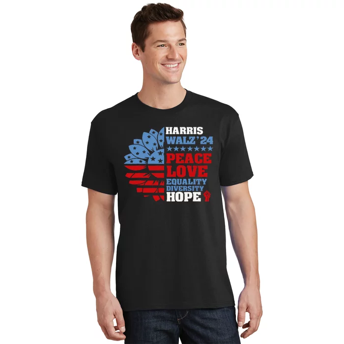 Harris Walz 2024 Peace Love Equality Diversity Hope Election Gift T-Shirt