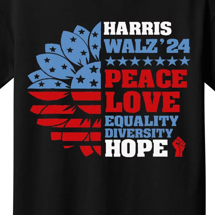 Harris Walz 2024 Peace Love Equality Diversity Hope Election Gift Kids T-Shirt