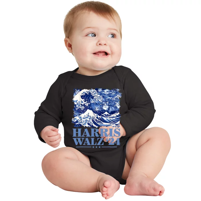 Harris Waltz 2024 Cute Wave Of Blue Cats For Kamala Harris Baby Long Sleeve Bodysuit