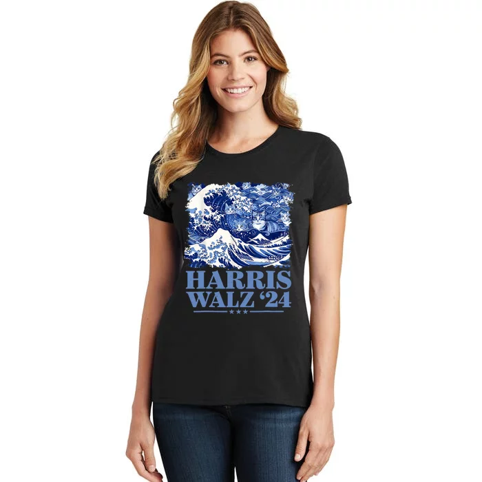 Harris Waltz 2024 Cute Wave Of Blue Cats For Kamala Harris Women's T-Shirt