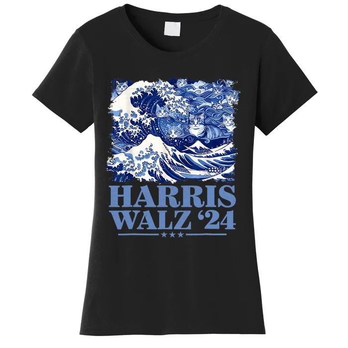 Harris Waltz 2024 Cute Wave Of Blue Cats For Kamala Harris Women's T-Shirt