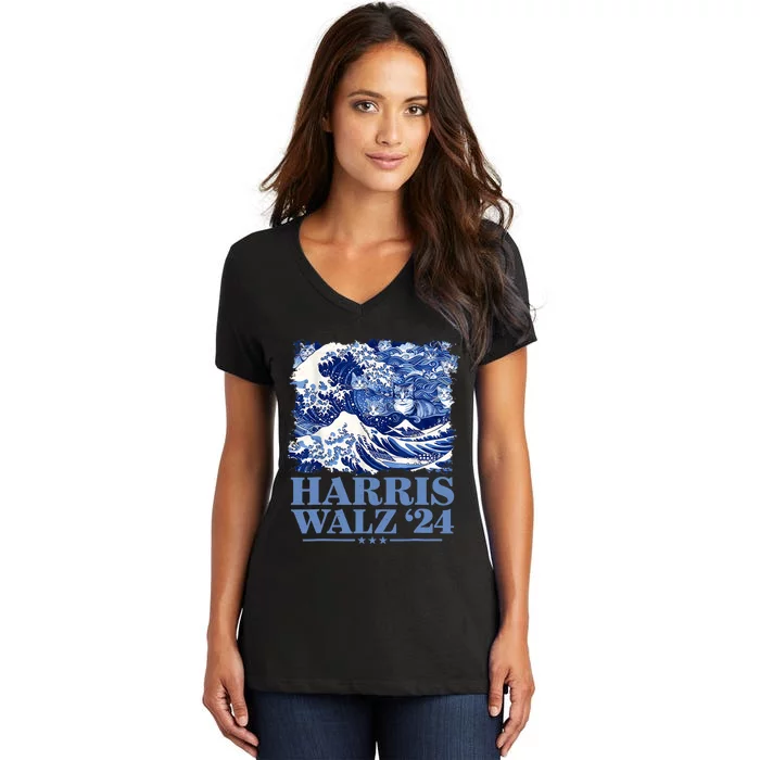 Harris Waltz 2024 Cute Wave Of Blue Cats For Kamala Harris Women's V-Neck T-Shirt