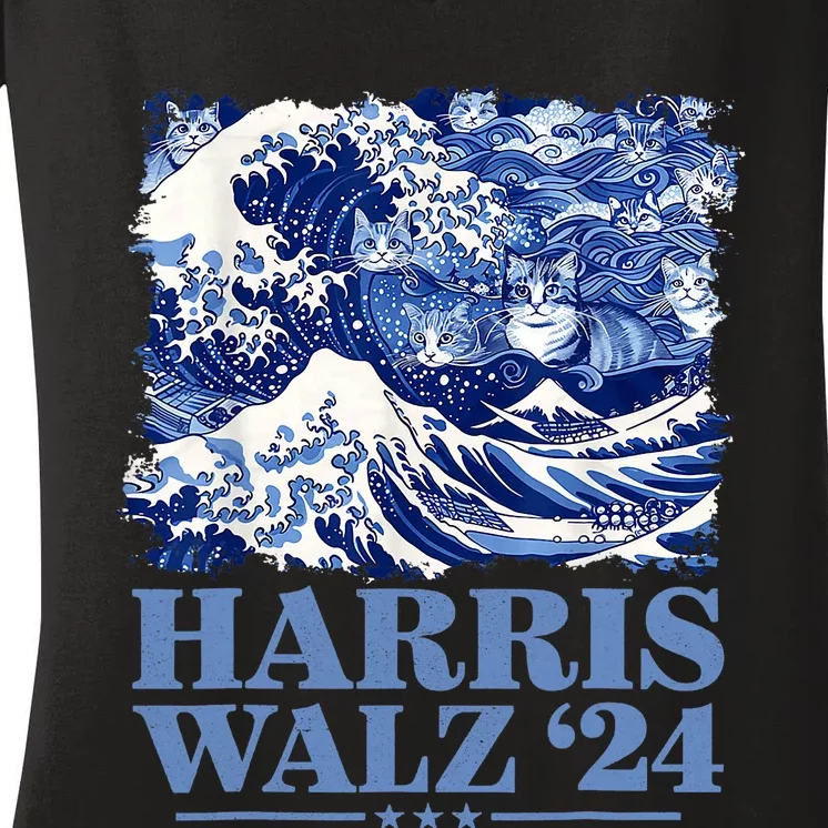 Harris Waltz 2024 Cute Wave Of Blue Cats For Kamala Harris Women's V-Neck T-Shirt