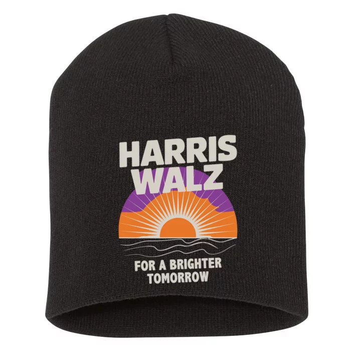 Harris Walz 2024 Boho Retro Sunrise Brighter Tomorrow Quote Short Acrylic Beanie