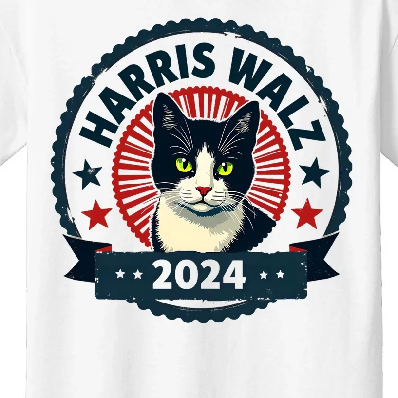 Harris Walz 2024 Funny Cat Election Kamala Harris Tim Waltz Kids T-Shirt