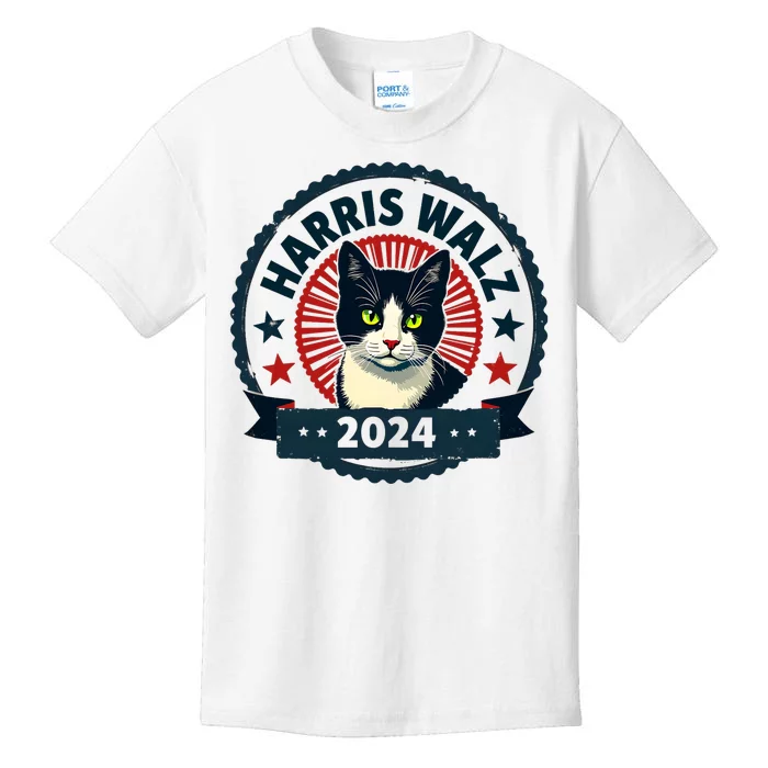 Harris Walz 2024 Funny Cat Election Kamala Harris Tim Waltz Kids T-Shirt