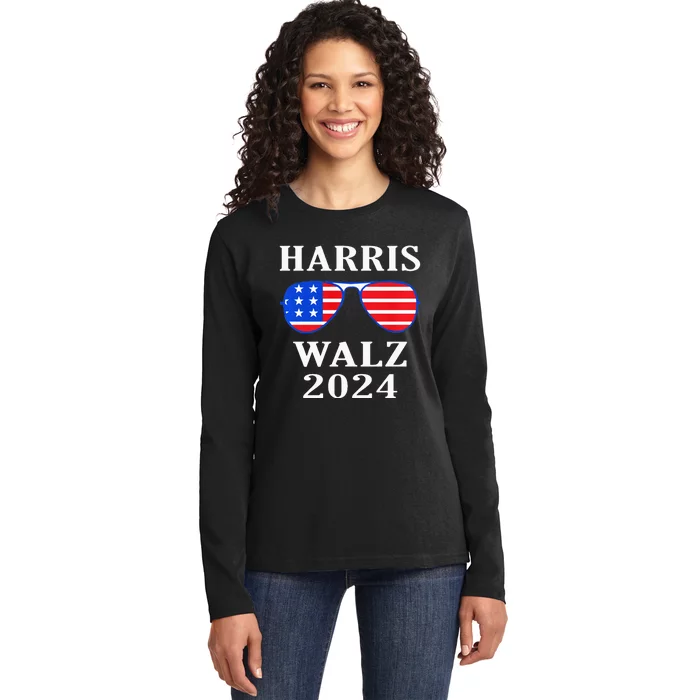 Harris Walz 2024 Kamala Harris American Flag Ladies Long Sleeve Shirt