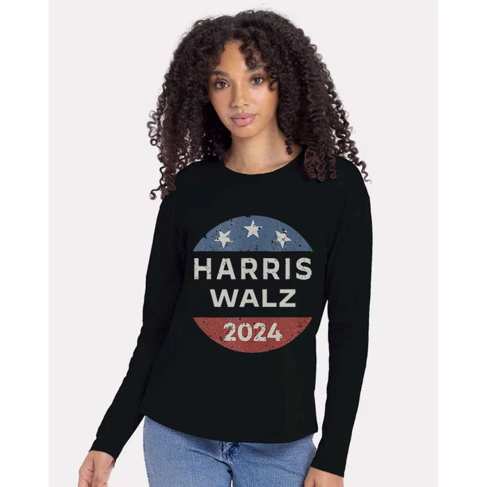 Harris Walz 2024 Retro Vintage Button Campaign Womens Cotton Relaxed Long Sleeve T-Shirt