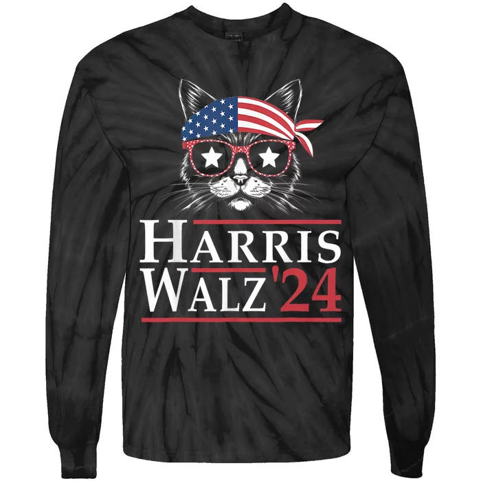 Harris Walz 2024 Funny Cat Ladies Election Kamala Harris Tim Waltz Tie-Dye Long Sleeve Shirt