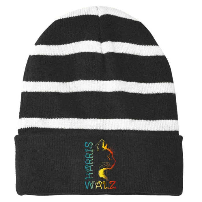 Harris Waltz 2024 Kamala Walz Cat Lettering Positive Striped Beanie with Solid Band