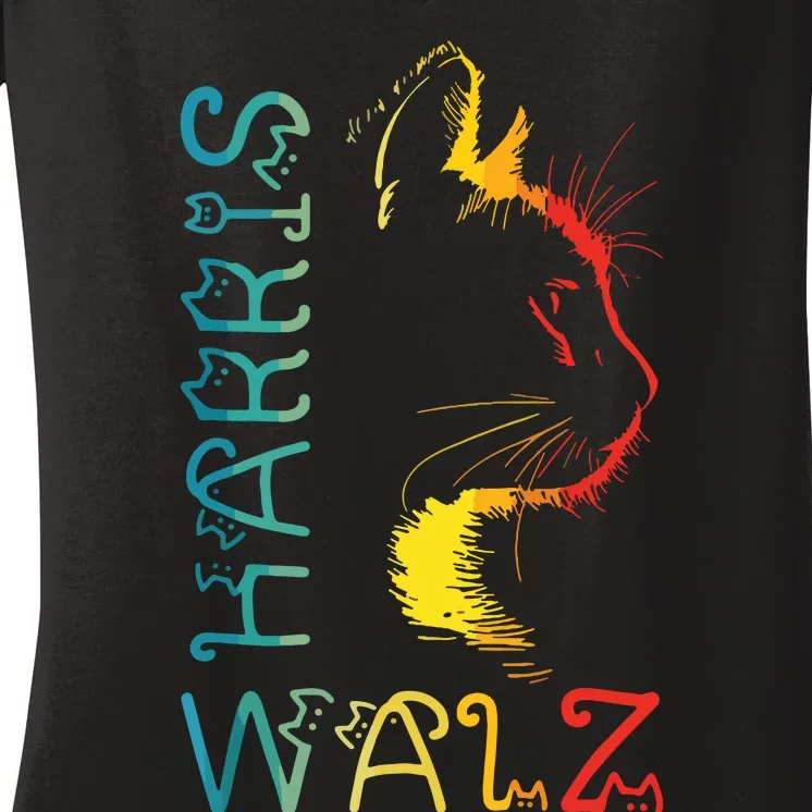 Harris Waltz 2024 Kamala Walz Cat Lettering Positive Funny Women's V-Neck T-Shirt