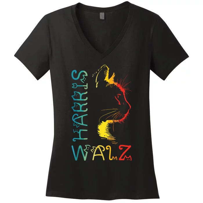 Harris Waltz 2024 Kamala Walz Cat Lettering Positive Funny Women's V-Neck T-Shirt