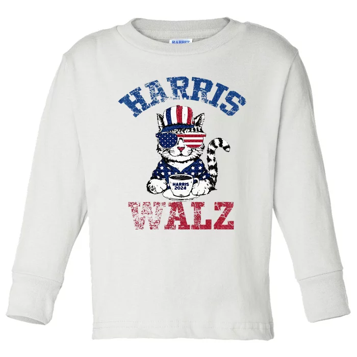 Harris Waltz 2024 Election Cat Kamala Harris Coffee Tim Walz Toddler Long Sleeve Shirt