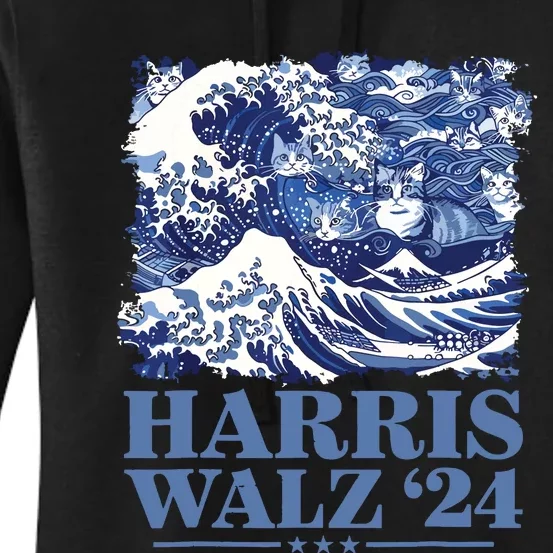 Harris Waltz 2024 Cute Wave Of Blue Cats For Kamala Harris Women's Pullover Hoodie