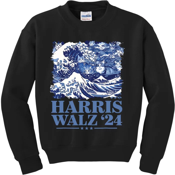 Harris Waltz 2024 Cute Wave Of Blue Cats For Kamala Harris Kids Sweatshirt