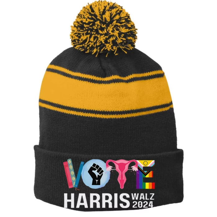 Harris Walz 24 Vote Books Reproductive Rights Lgbt Election Gift Stripe Pom Pom Beanie