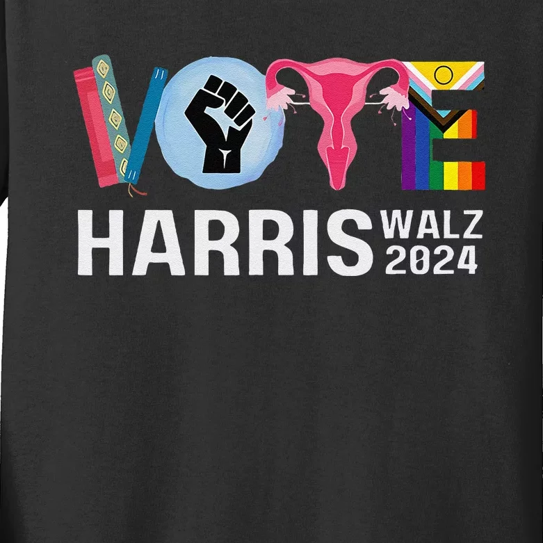 Harris Walz 24 Vote Books Reproductive Rights Lgbt Election Gift Kids Long Sleeve Shirt