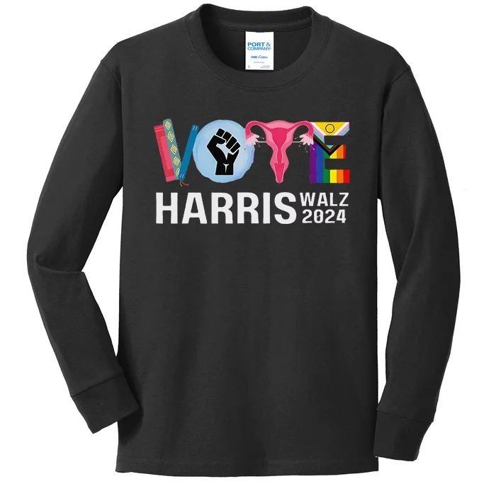 Harris Walz 24 Vote Books Reproductive Rights Lgbt Election Gift Kids Long Sleeve Shirt