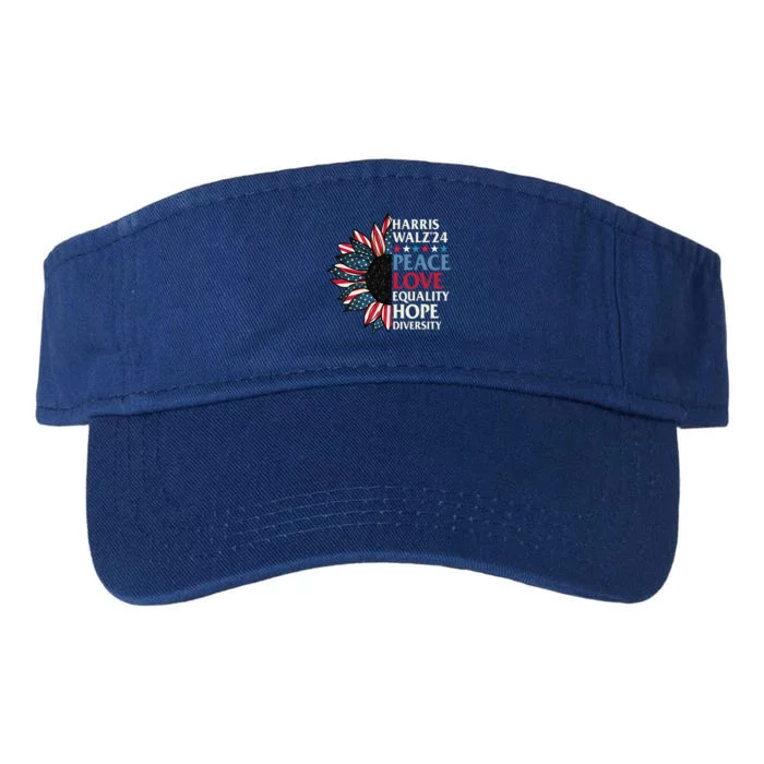 Harris Waltz 2024 Peace Love Equality Hope Us Flag Sunflower Gift Valucap Bio-Washed Visor