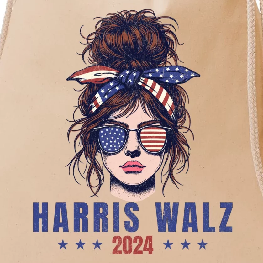 Harris Walz 2024 American Flag Messy Bun Drawstring Bag