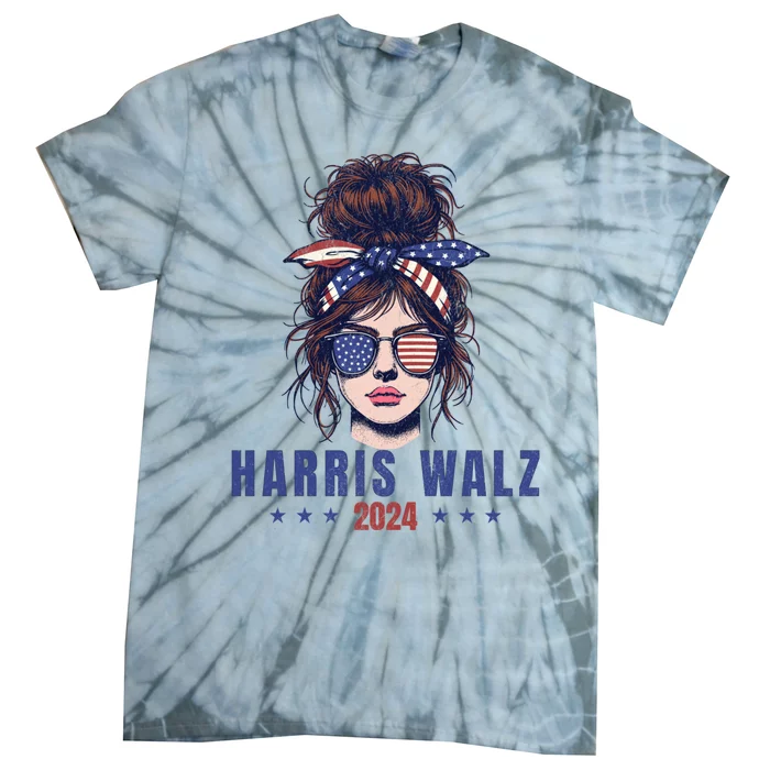 Harris Walz 2024 American Flag Messy Bun Tie-Dye T-Shirt