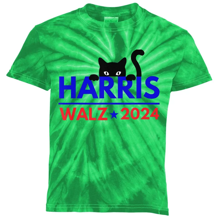 Harris Walz 2024 Funny Cat Election Kamala Harris Tim Waltz Gift Kids Tie-Dye T-Shirt