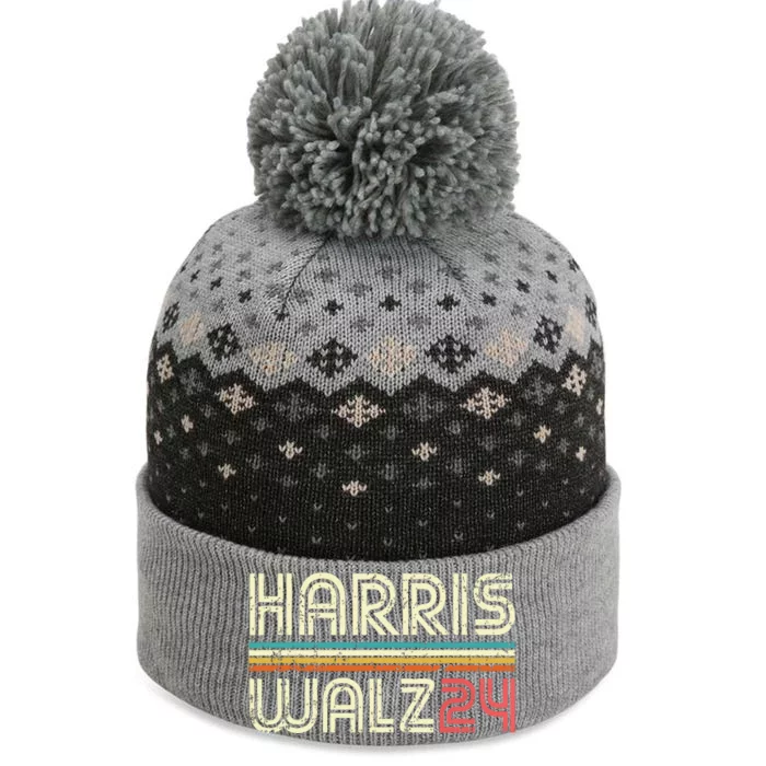 Harris Walz 24 Vintage Retro Stripes Fun 2024 The Baniff Cuffed Pom Beanie