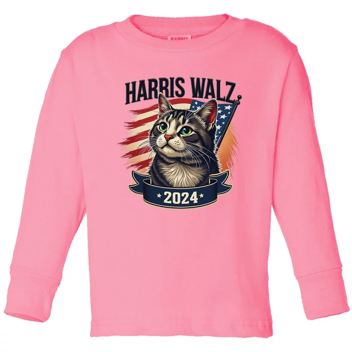 Harris Walz 2024 Funny Cat Kamala Tim Election Art Toddler Long Sleeve Shirt