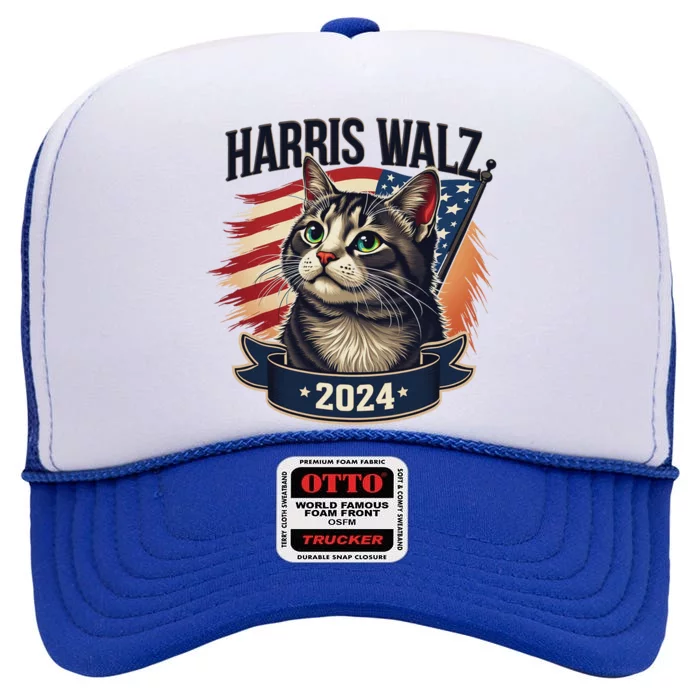 Harris Walz 2024 Funny Cat Kamala Tim Election Art High Crown Mesh Trucker Hat