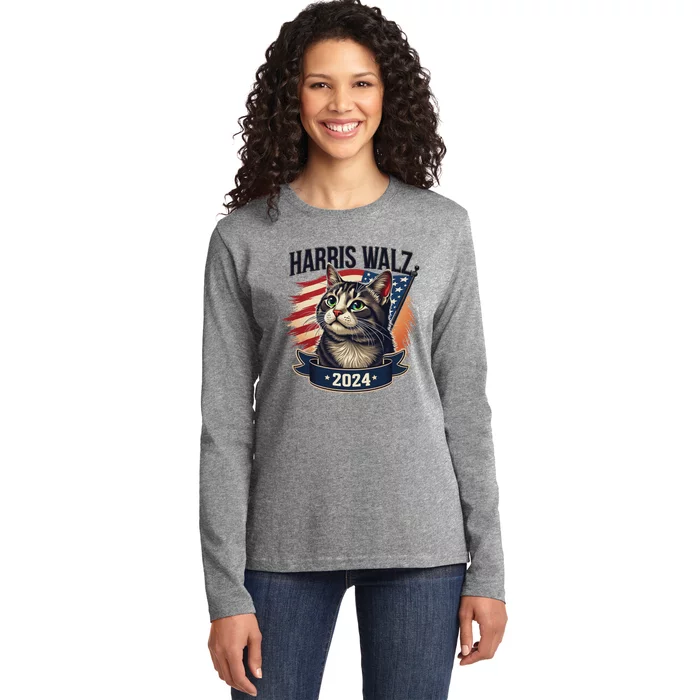 Harris Walz 2024 Funny Cat Kamala Tim Election Art Ladies Long Sleeve Shirt