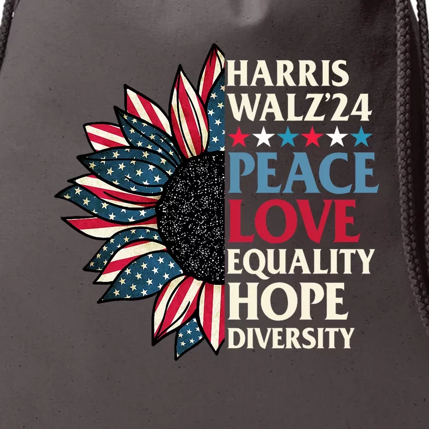 Harris Waltz 2024 Peace Love Equality Hope Us Flag Sunflower Drawstring Bag